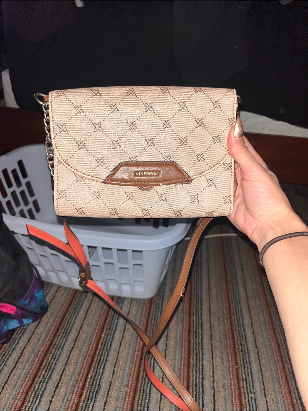 Nine West Beige and Brown Crossbody Bag with Chain Accent